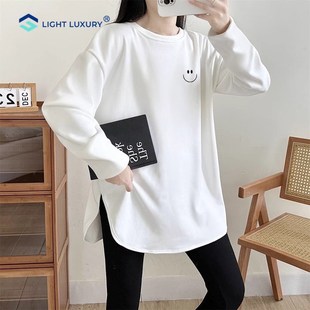 中長(zhǎng)遮屁股內(nèi)L搭女弧形歐貨白色打底衫 T恤女2025春秋新款 長(zhǎng)袖