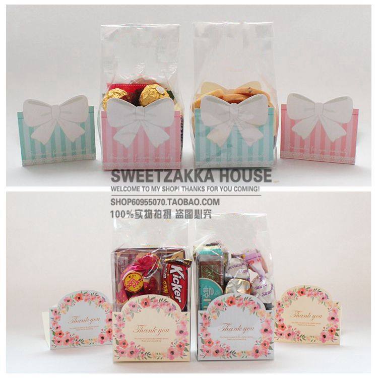 清新花卉蝴蝶结造型底卡+透明长条袋礼品包装袋 糖果袋 50个价