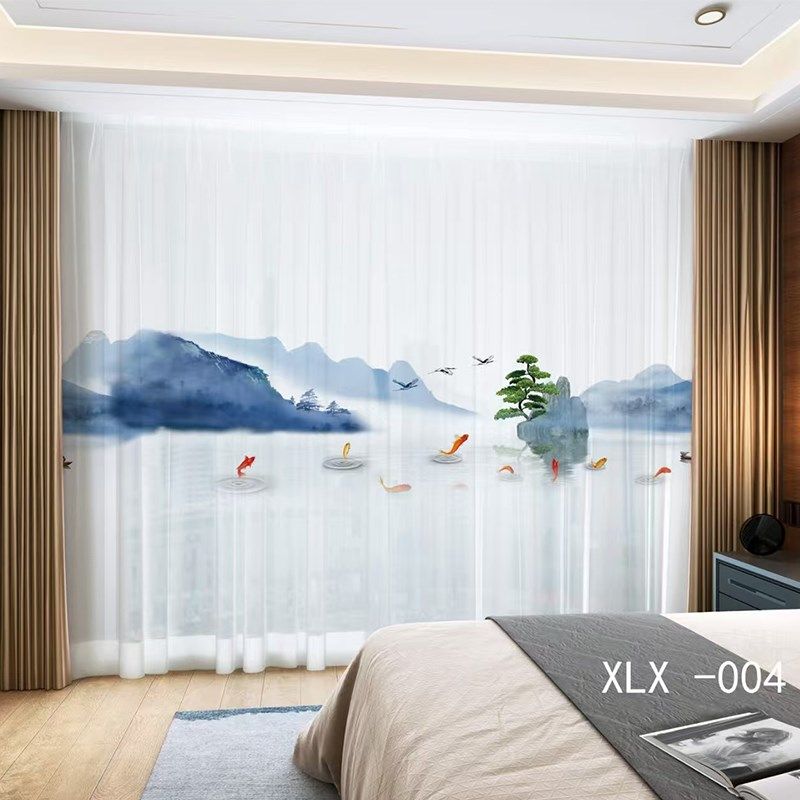 新款数码印水墨山水新国风客厅隔断帘透光透人纱窗帘,居家布艺,定制窗帘,淘宝优惠券,粉丝福利购,淘宝优惠卷