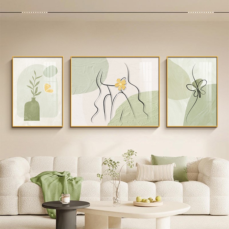 客厅装饰画抽象人物线条沙发背景墙挂画现代小新绿植三联画
