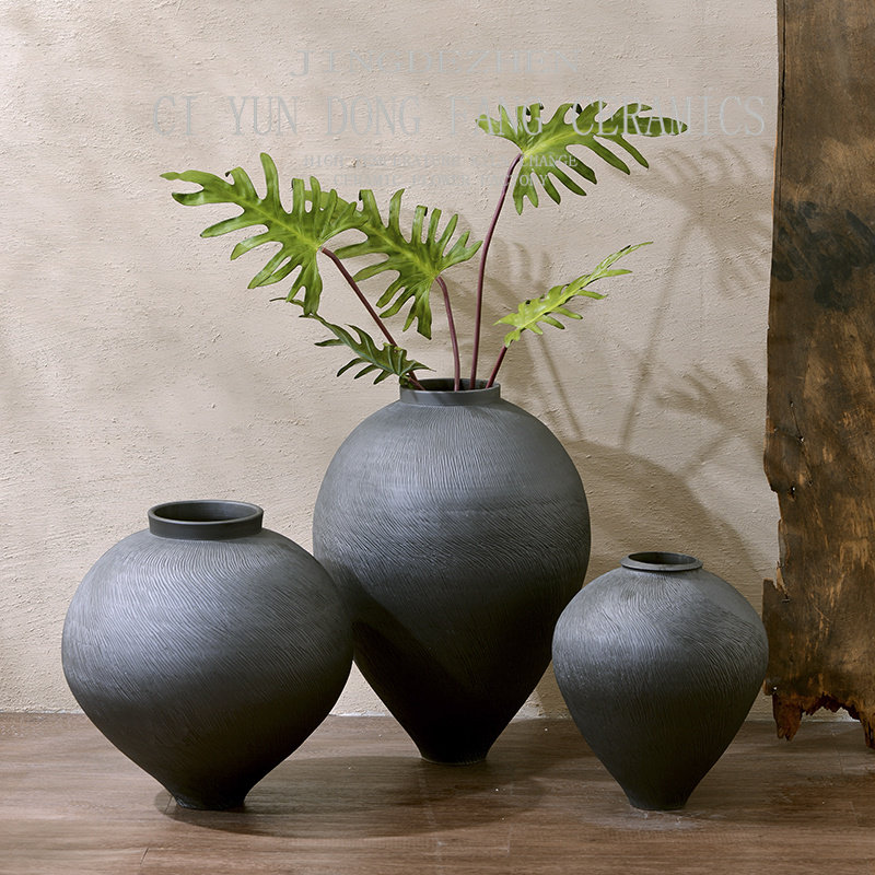 新黑色粗陶罐大肚瓶插器客厅样板间软装家居饰品,家居饰品,花瓶,淘宝优惠券,粉丝福利购,淘宝优惠卷