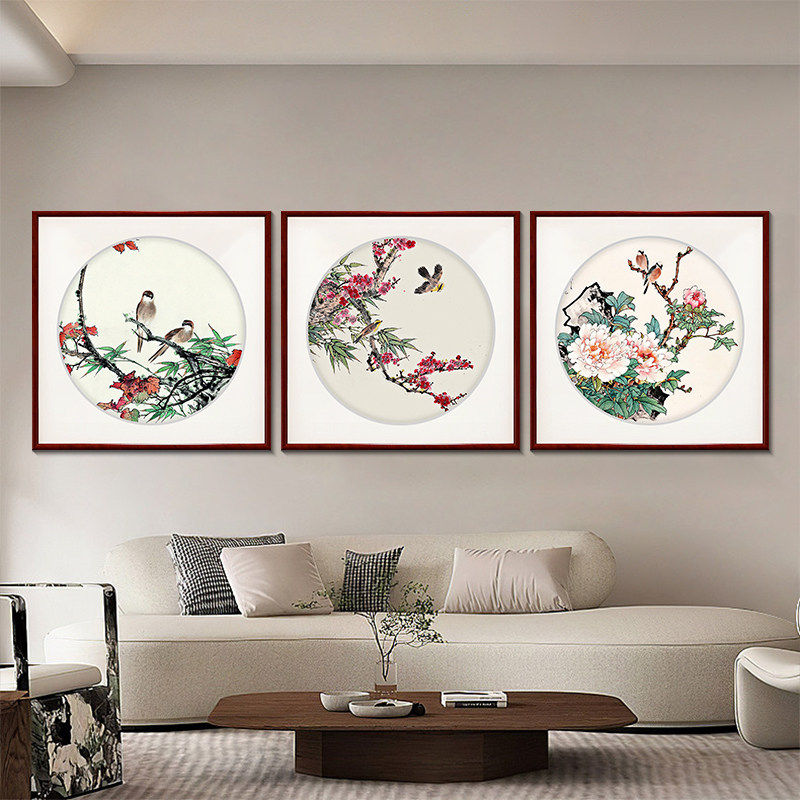 新中式餐厅饭厅挂画客厅图壁画圆形沙发花鸟装饰画玄关背景墙卧室,家居饰品,现代装饰画,淘宝优惠券,粉丝福利购,淘宝优惠卷