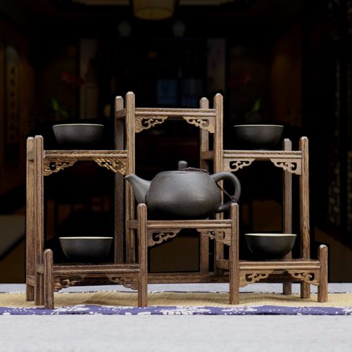 鸡翅木小博古架多宝阁榫卯结构纯实木茶具茶壶架子展示架石头底座