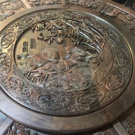 红木餐桌老挝大红酸枝酸枝圆桌交趾黄檀深雕圆台桌雕花.实木餐桌