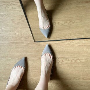 超浅口漏指缝2.5cm内增高尖头P铆钉羊反皮女单鞋