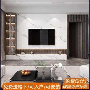 极简悬空岩板背景墙带隐形门电视墙一体客厅格R栅暗门影视墙瓷砖