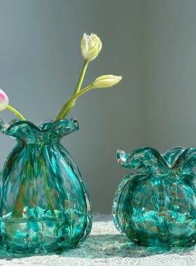 复古绿色洒金花边荷包福袋纯手工琉璃迷你小型桌面插花器家居摆件