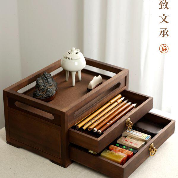 雅致文承 胡桃木文房收纳柜 榫卯结构文盘多宝阁书架毛笔文房四宝