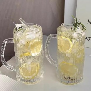 家用高颜值喝水杯啤U酒果汁冷饮杯 带把手玻璃杯大容量耐高温夏季