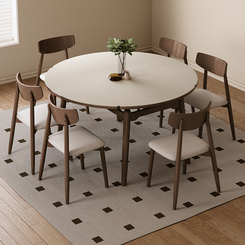 色可伸缩实木岩板餐桌现代家用小户型风摺叠圆桌