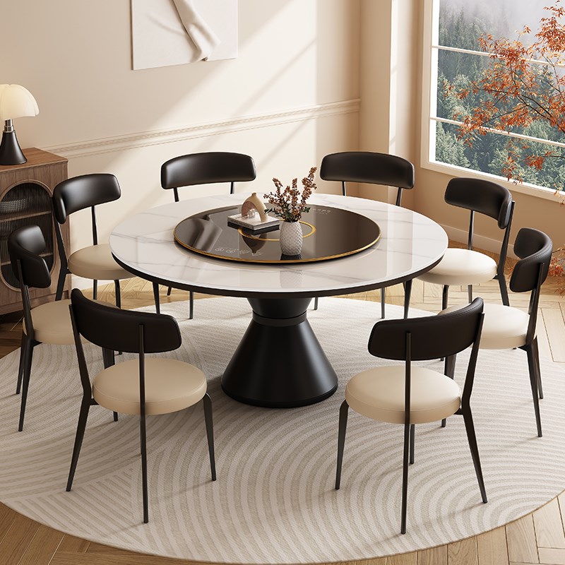 馨佰利岩板餐桌椅家用小户型圆桌复古风圆形电磁炉饭桌带转盘