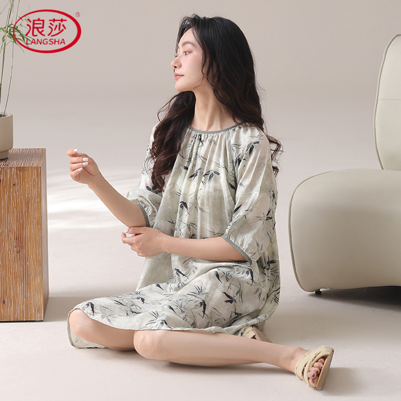 浪莎睡裙女夏季天丝棉中袖五分袖睡衣裙宽松大码可外穿家居服套装