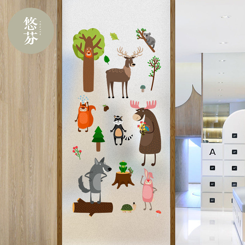卡通森林动物绘画贴纸儿童房卧室门贴画洗手间玻璃隔断静电贴