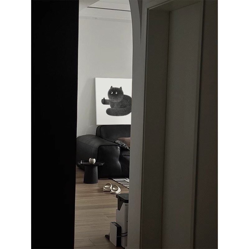 手绘油画现代简约黑色猫咪客厅玄关装饰挂画动物卧室床头桌面摆件图片