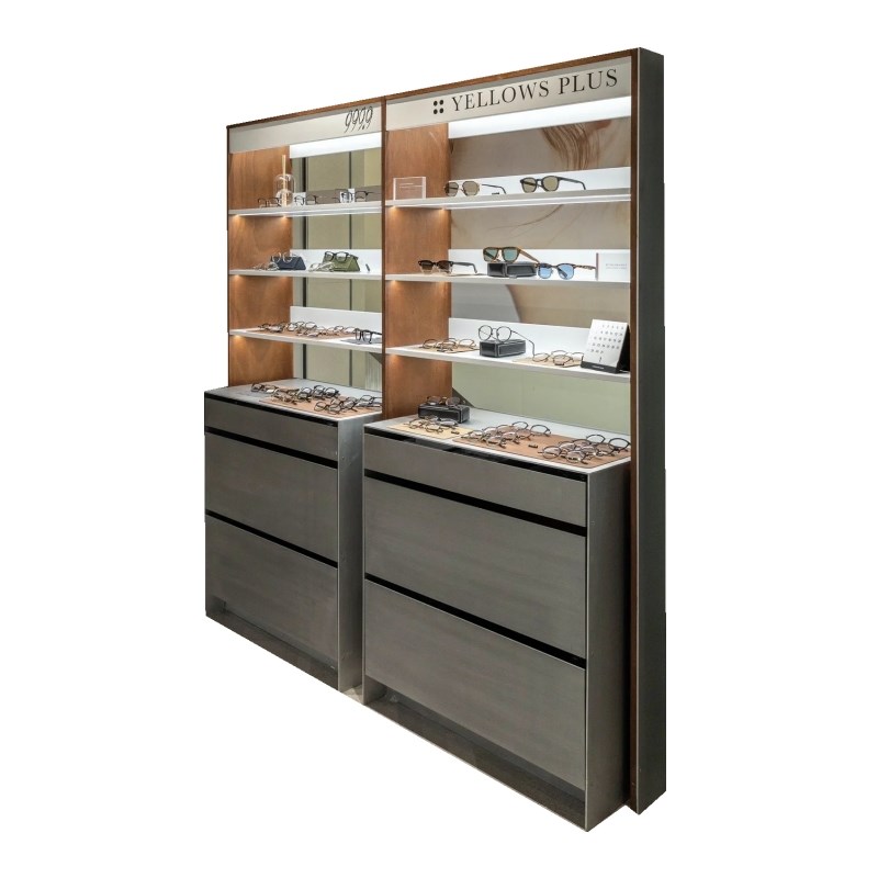 定制眼镜店展示柜 锈钢金属眼镜中岛柜台 精品木纹陈列柜货架