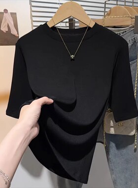 小立领T恤女半袖2025新款早春半高领修身简约针织打底衫中袖上衣