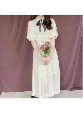 rojitA洋装日系量产型罩纱半袖带胸针双层蕾丝1233斗篷洋装