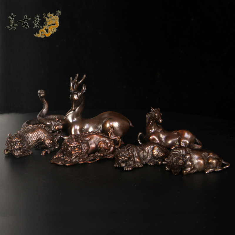 真古意 铜车载生肖牛虎蛇马麒麟谛听梅花鹿装饰品工艺品