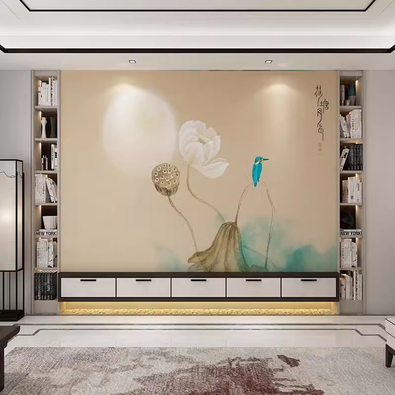 现代中式水墨荷花墙布壁布电视背景壁纸卧室客厅墙纸荷塘月色壁画