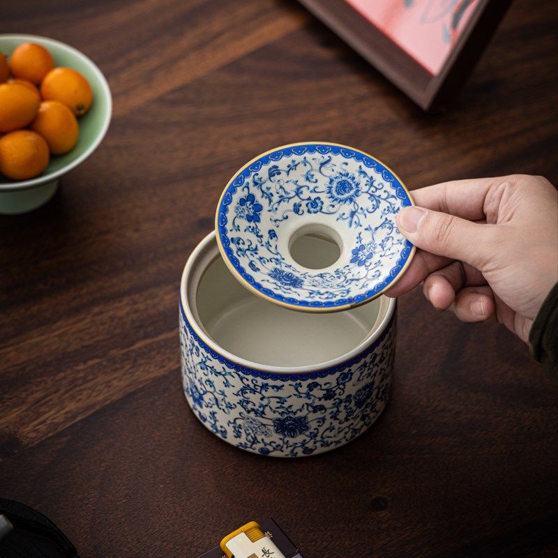 米黄汝窑缠枝莲烟灰缸客厅办公茶水茶渣缸带盖防飞灰定制loo,家居饰品,装饰烟灰缸,淘宝优惠券,粉丝福利购,淘宝优惠卷