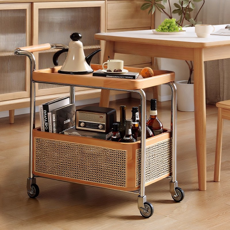 可移动小餐车边几餐桌边置物架中古风实木小推车客厅家用复古茶几