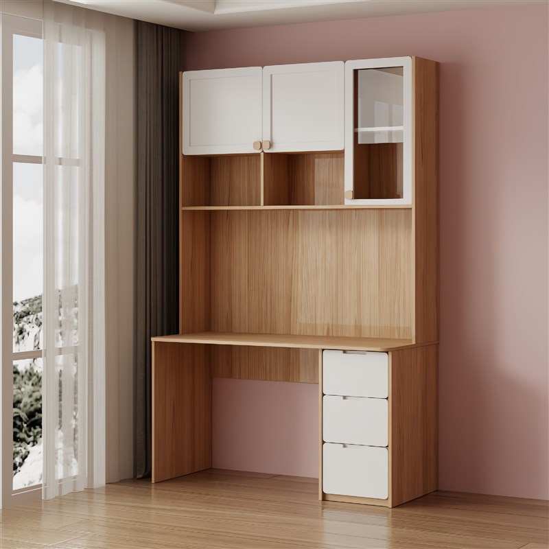 可比熊实木书桌电脑桌卧室家用办公桌儿童书房学习桌书架书桌一体