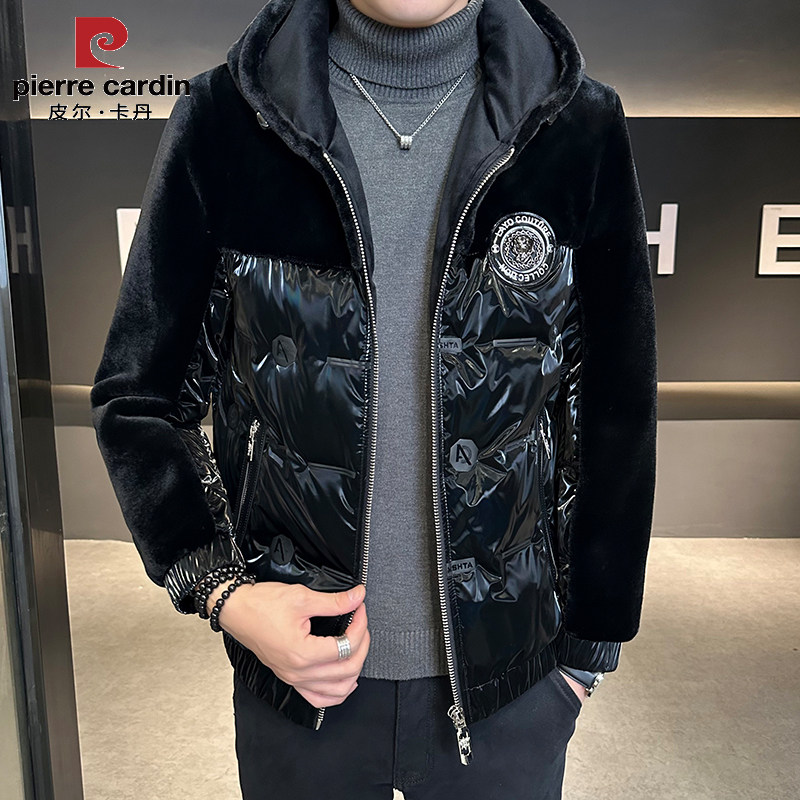 皮尔卡丹男品牌仿真貂皮亮皮皮衣拼接羽绒服皮毛一体连帽皮草外套