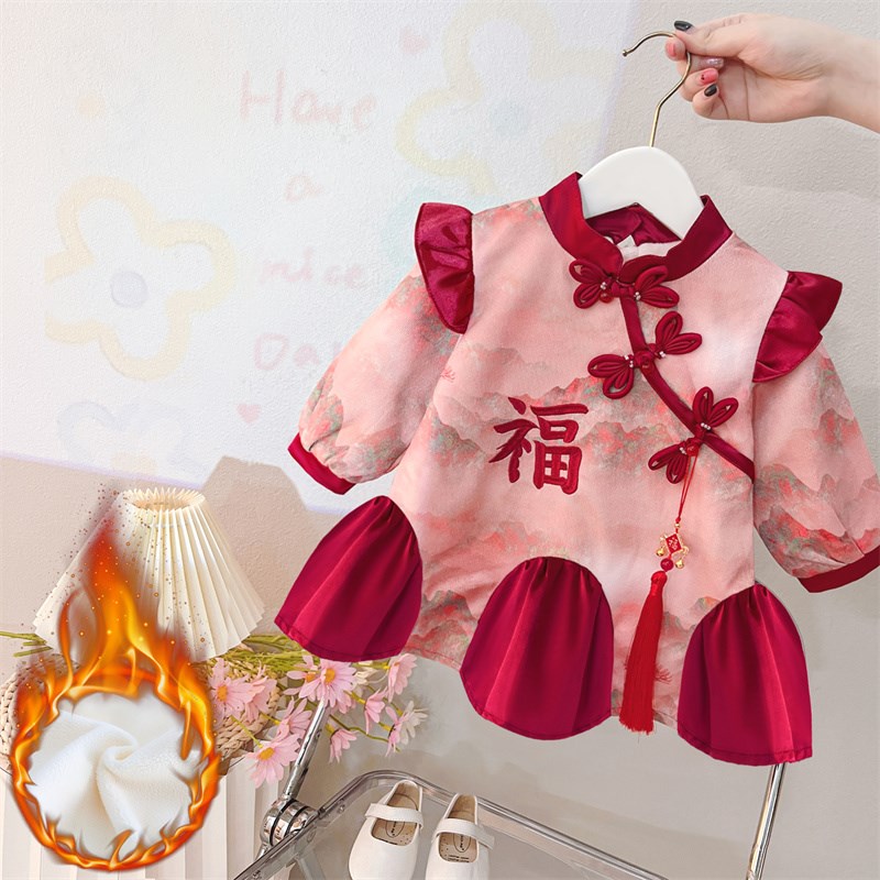 旗袍女童秋冬加绒裙子洋气儿童中国风汉服一岁宝宝冬装唐装连衣裙