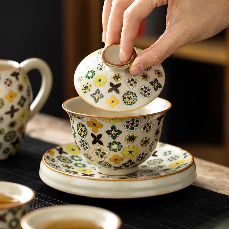 米黄汝窑大唐宝相陶瓷三才盖碗茶杯单个高端家用防烫带盖泡茶碗