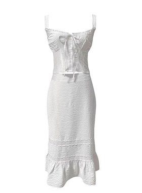 ooh itch痒痒朱莉套装白色法式蕾丝吊带背心a字鱼尾半身裙