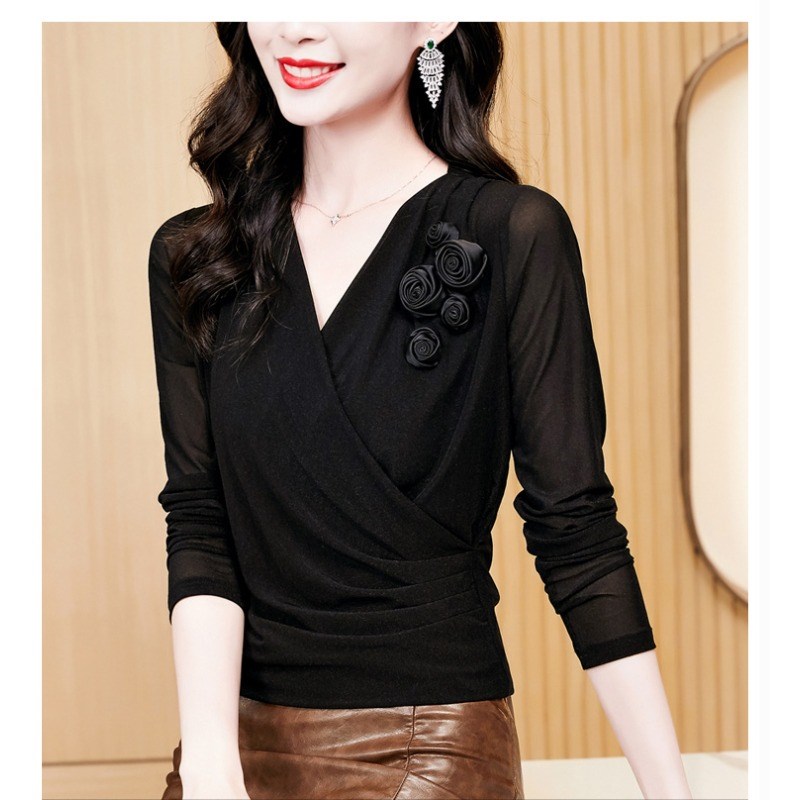 黑色网纱打底衫女内搭长袖T恤V领收腰上衣时髦洋气时尚小衫配裙子