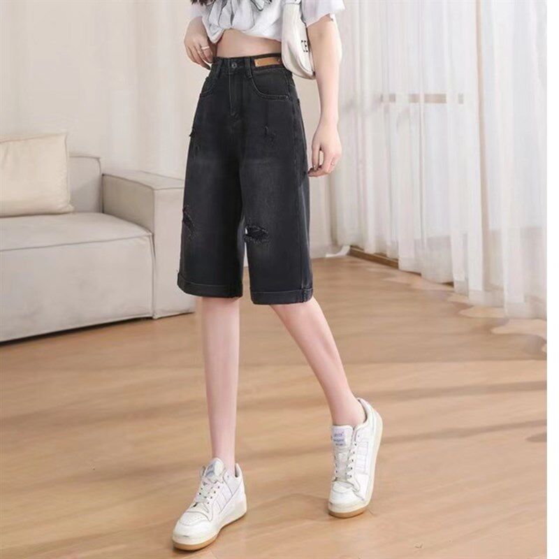 夏季薄款牛仔裤女过膝高腰显瘦翻边牛仔六分中裤小个子阔腿裤破洞,女装/女士精品,牛仔裤,淘宝优惠券,粉丝福利购,淘宝优惠卷