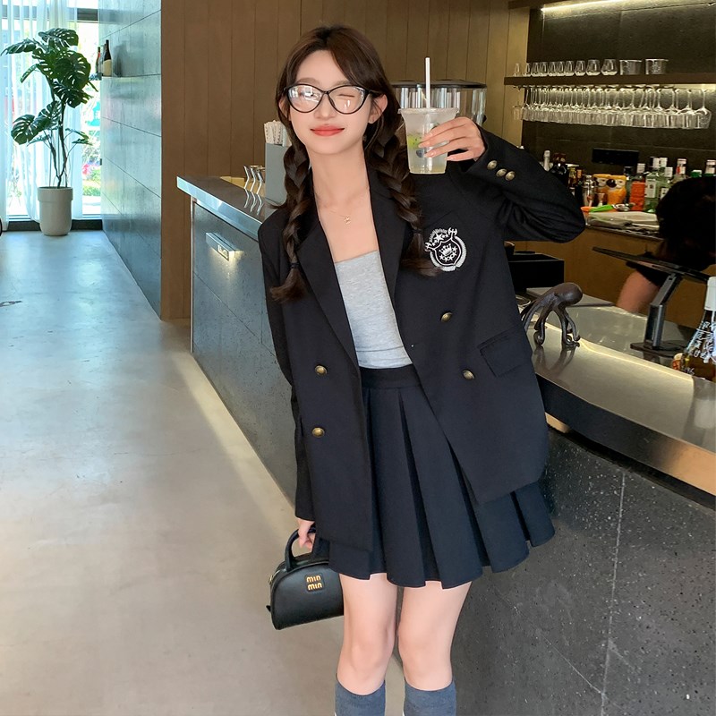 学院风西装套装女2024春秋季新款小个子高级感jk制服百褶裙两件套