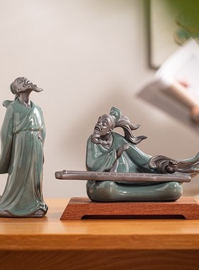 陶瓷禅意历史人物摆件大号伯牙抚琴钟子期雕像茶室桌面装饰工艺品