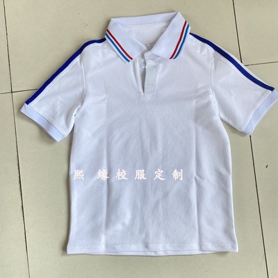 定制夏季短袖校服上衣白色红蓝条纹翻领POLO衫T恤初高中小学生