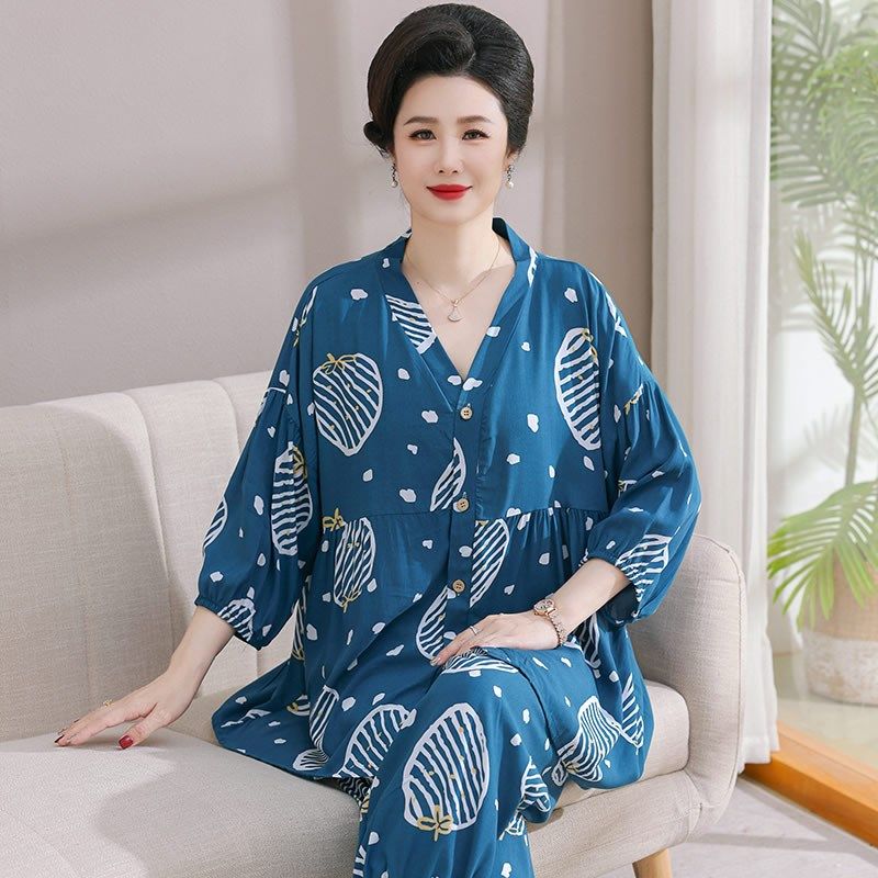 老人睡衣夏季妈妈款宽松家居服开衫长袖薄款大码女装棉绸圆领套装,女装/女士精品,中老年女装,淘宝优惠券,粉丝福利购,淘宝优惠卷