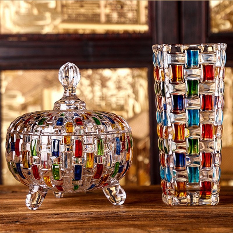欧式手绘彩色玻璃糖果罐编织纹果盘撞色花瓶彩绘果汁杯威士忌酒杯