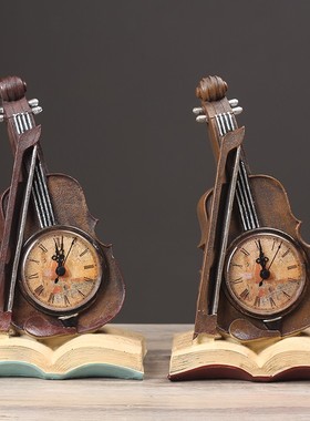 装饰钟摆件创意复古小提琴钟表客厅咖啡厅办公桌桌面座钟摆设品