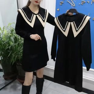 大码胖mm高级感连衣裙2024秋冬新款洋气显瘦娃娃领休闲百搭裙子女