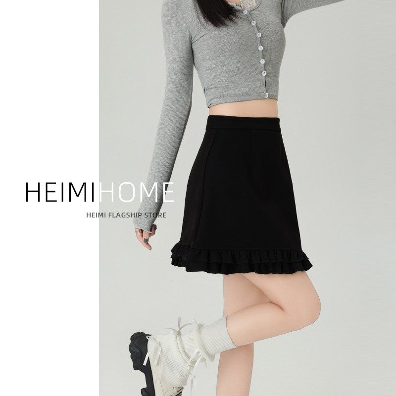 黑色木耳边短裙女春夏季高腰设计感a字半身裙小个子包臀西装裙潮