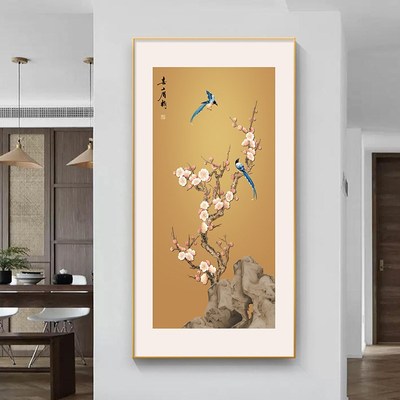 喜上眉梢玄关装饰画新中式寓意好挂画喜鹊图走廊过道高级感壁画竖