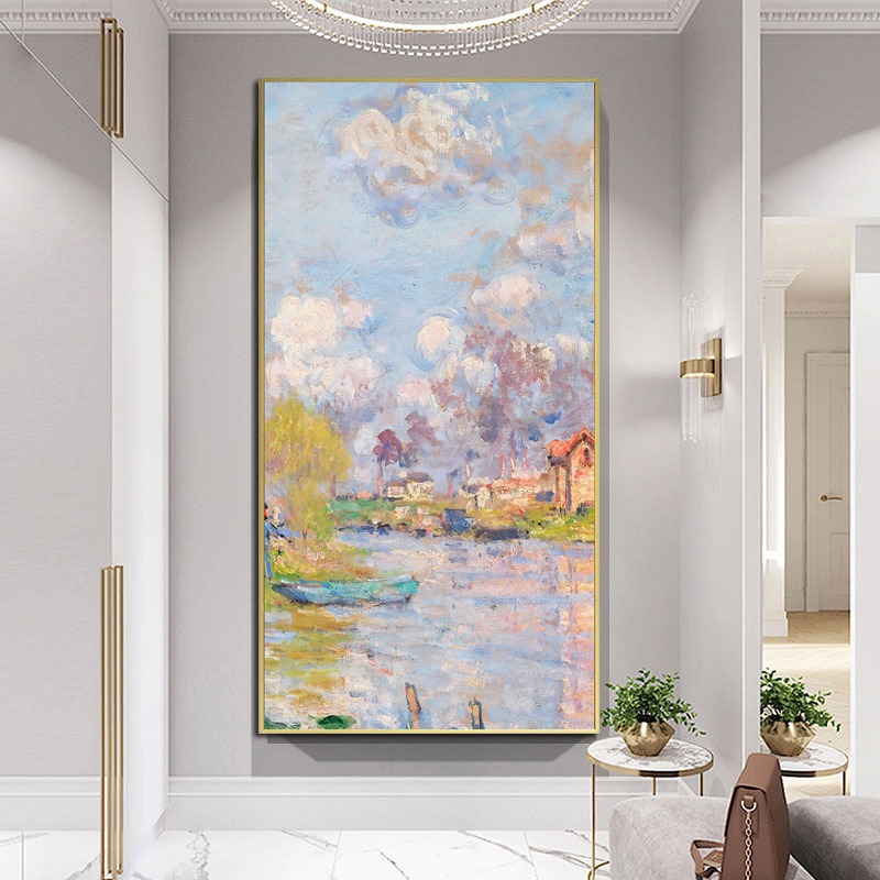 油画玄关装饰画莫奈竖版大幅走廊尽头过道壁画北欧落地画客厅挂画