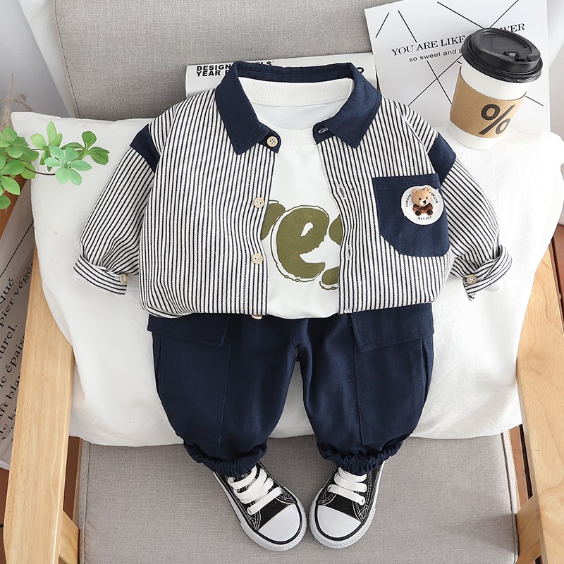 男童春秋套装2024新款儿童衬衫1-3岁5小宝宝春季衣服工装三件套潮