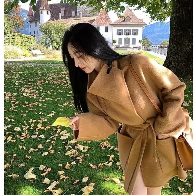 2024冬新款全羊毛双面呢斗篷大衣女系带收腰中长款高级感气质外套