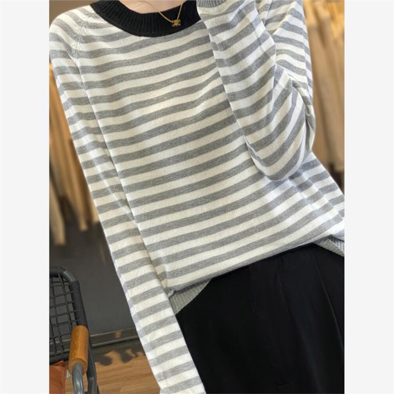 北欧色系高级感撞色圆领条纹针织衫女宽松双股精纺羊毛打底衫上衣