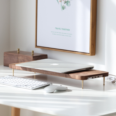 实木原木新中式电脑显示器增高架桌面隔板台式电脑收纳支架置物架