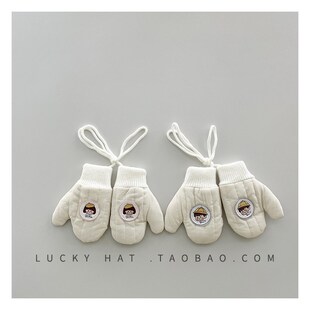 儿童米色包指手套卡通女孩男孩宝宝可爱冬季加绒保暖挂脖连指手套