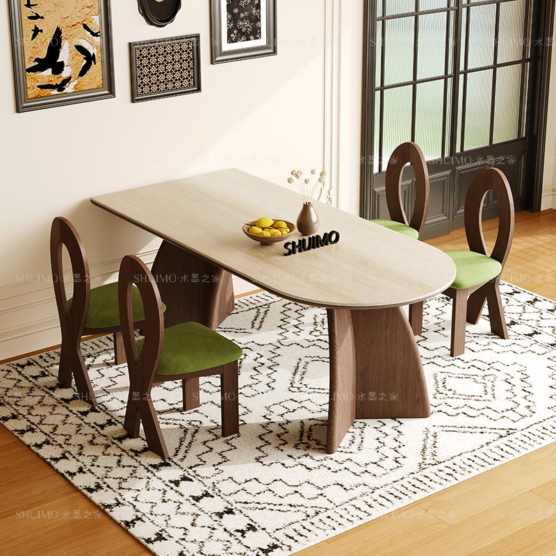 德利丰岩板洞石法式餐桌家用小户型轻奢奶油椭圆长方X形餐桌子客