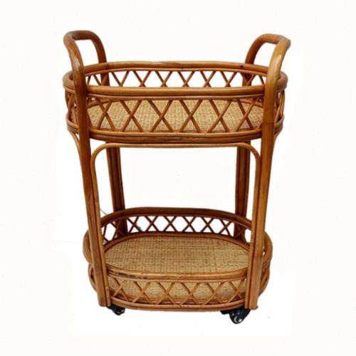 藤艺可移动推车餐车餐厅置物架藤编双层落地架收纳车火锅店配料车