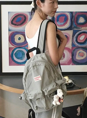 MASMARULEZ正品迷你双肩包百搭防水尼龙书包双口袋大容量背包灰色